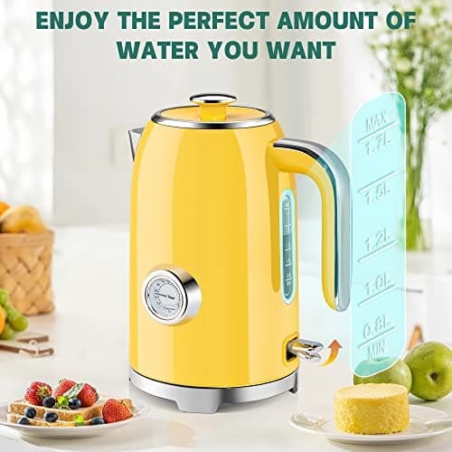 SUSTEAS Electric Kettle - 57oz Hot Tea Kettle Water Boiler with Thermometer, 1500W Fast Heating Stainless Steel Tea Pot, Cordless with LED Indicator, Auto Shut-Off & Boil Dry Protection, Retro Yellow 5