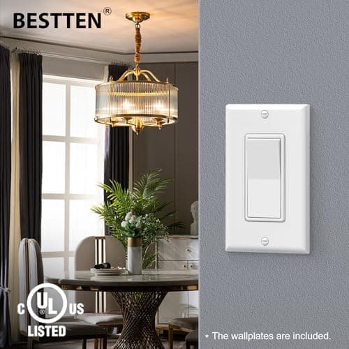 BESTTEN 10 Pack 3-Way Decorator Wall Light Switch with Wallplate, 15A 120V/277V, Single Pole or Three Way, On/Off Paddle Rocker Interrupter, UL Listed, White 8