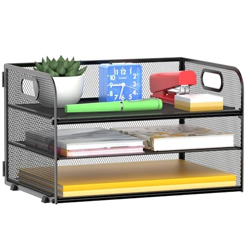 MINDEPOT 3 Tier Paper Organizer Tray with Handle, Mesh Letter Tray for Office, Home, School (1 Pack), Black