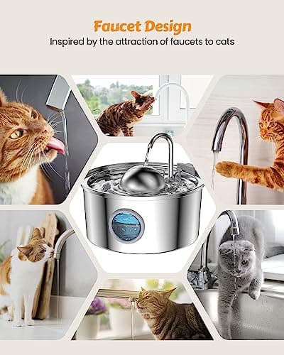 AONBOY Cat Water Fountain Stainless Steel, 108oz/3.2L Cat Fountain, Pet Water Fountain with Water Level Window, Hemispherical Shape, Multi-Filter, Silent Pump, Water Tap, Provides Flowing Water 9