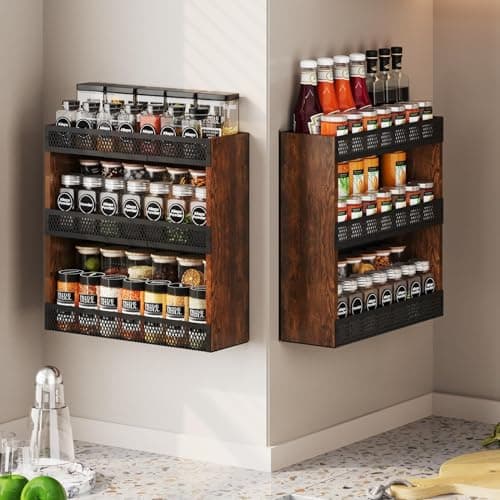 X-cosrack 3 Tier Spice Rack Wall Mounted 2 Pack，Spice Organizer for Kitchen Countertops, Wooden Spice Organizer for Spice Jars and Seasonings, Hanging Spice Rack for Countertops or Wall Mounting