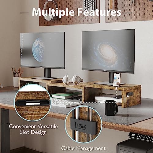 BONTEC Dual Monitor Stand Riser with Smartphone Holder, Adjustable Length & Swivel Angle, Ergonomic Wooden Desktop Organizer for PC Monitor, Laptop, Printer, Large Storage, Rustic Brown 6