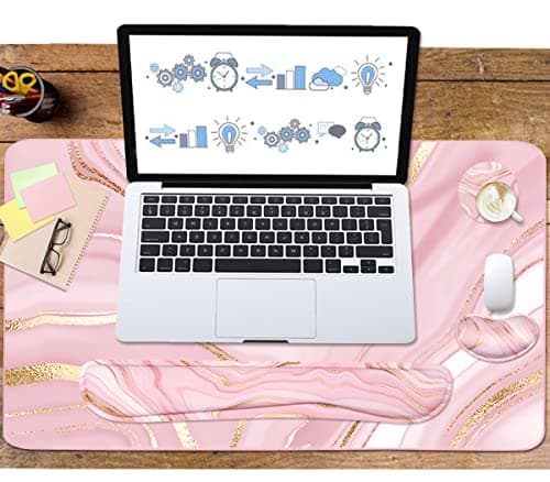 Keyboard Mouse Pad Set, Extended Mouse Pad+Keyboard Wrist Rest Support, Memory Foam Ergonomic Easy Typing, 3Pcs (35.4×15.7 in) Desk Pad Set for Home Office Study Game- Pink Gold 6