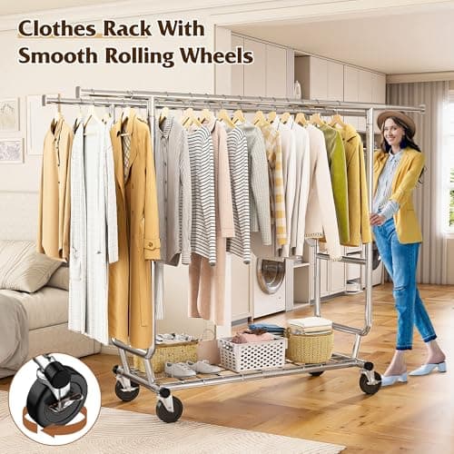 Raybee Clothes Rack Load 630LBS, Heavy Duty Clothes Rack, Rolling Clothing Racks for Hanging Clothes with Wheels, Adjustable & Commercial Garment Rack, 22" D x 75" W x 68" H 5