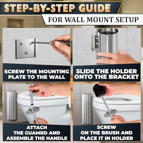 Silver Modern Toilet Brush and Holder Set with Wall Mount - Stainless Steel Toilet Brush with Holder - Removable Inner Bowl, Shiny Design, Splash Protection & Dense Bristles for Bathroom Cleaning 6