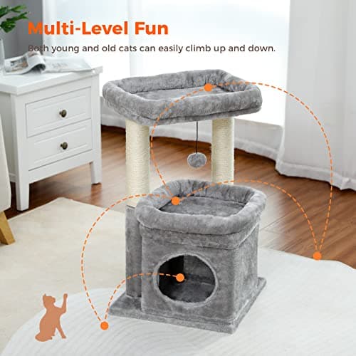 PEQULTI Cat Tree Tower for Indoor Cats with Private Cozy Cat Condo, Natural Sisal Scratching Posts and Plush Pom-pom for Small Cats 5