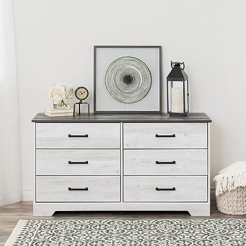 Prepac Rustic Ridge Farmhouse 6-Drawer Double Dresser, Washed White Dresser for Bedroom, Chest of Drawers with 6 Storage Drawers, 53.25” wide x 18.25” deep x 28.5” tall, Washed White 5