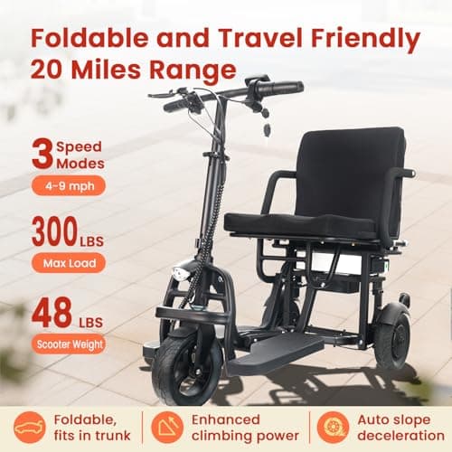 New Upgrade Folding Mobility Scooters Seniors All Terrain,20 Miles Lightweight Scooter for Adults, 9.3 mph Mobility Scooter with Airline Battery, Lightweight Folding Scooters,Fully Assembled 5