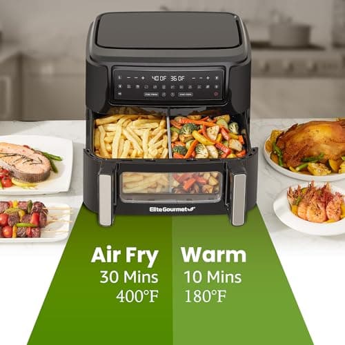 Elite Gourmet Dual Zone Air Fryer Oven 11QT, Dual Basket Air Fryer with Divider, Sync Finish & Sync Cook, PFAS Free Nonstick, 10 Presets, Air Fry Bake Roast Broil Toast Dehydrate, 1600W Black 8