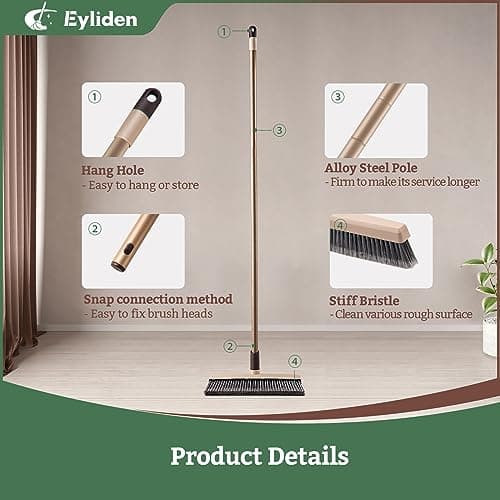 Eyliden Carpet Broom, Angle Carpet Brush with 48" Long Handle, Stiff Bristle Floor Carpet Brush Sweeper for Pet Hair, Patio Garage Deck Concrete Wood Stone Carpet Cleaning Rake Push Broom 5