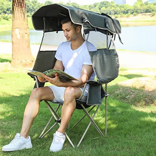 Camping Brothers Camping Chair with Canopy Shade - Outdoor Folding Chair with Adjustable Shade, Cup Holder, Side Pockets - Heavy Duty Beach Chair with Full Sun Protection Supports 330 lbs (Army Green)