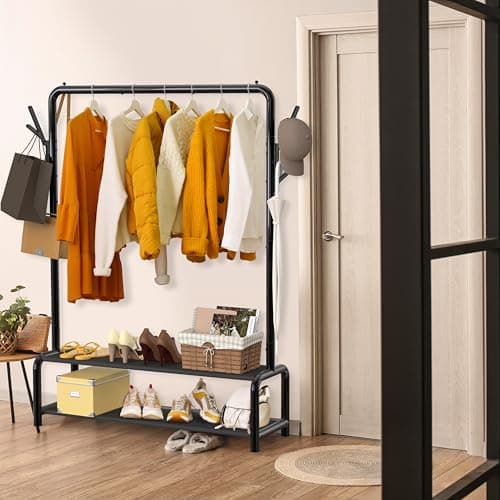 Simple Houseware 52-Inch Freestanding Closet Garment Rack with Storage Shelves and Coat/Hat Hooks, Black 6