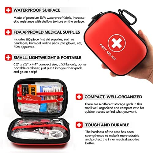 Mini First Aid Kit, 100 Pieces Water-Resistant Hard Shell Small Case - Perfect for Travel, Outdoor, Home, Office, Camping, Hiking, Car (Red) 5