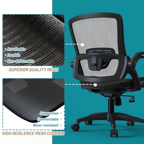 Ergonomic Mesh Office Chair Comfy Swivel Black Home Desk Chair Comfortable Modern Computer Chair Flip Up Arms with Lumbar Support Task Chair with Wheels Office Desk Chair Adjustable Height 6