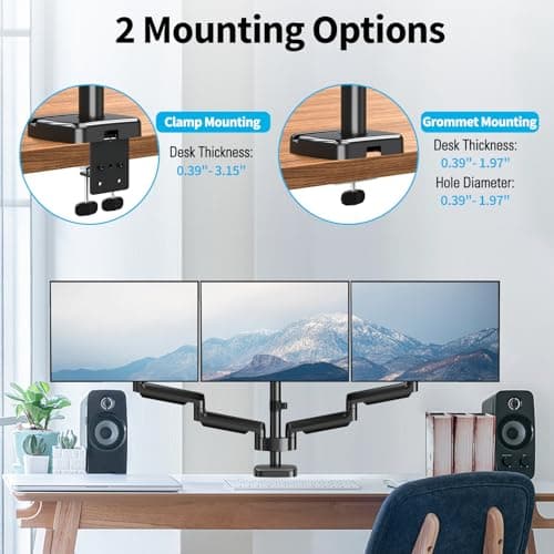 MOUNTUP Triple Monitor Mount for 17-32 inch Screens, Full Motion Triple Monitor Stand, 3 Monitors Desk Mount Holds 4.4-19.8 lbs Each, Clamp & Grommet Mounting, Black 5