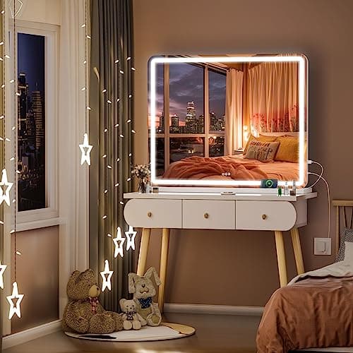 Hasipu Vanity Mirror with Lights, 37.4" x 26" LED Makeup Mirror, Lighted Makeup Mirror with Dimmable 3 Modes, Touch Screen Control Vanity Mirror Round White 6