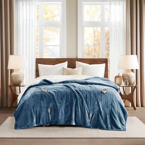 Woolrich Heated Plush to Berber Electric Blanket Throw Ultra Soft Knitted, Super Warm and Snuggly Cozy with Auto Shut Off and Multi Heat Level Setting Controllers, Full: 80x84, Sapphire 2