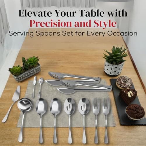 12Pcs Silver Stainless Steel Serving Utensils Set for Parties Buffet, Stainless Steel Serving Set Utensil Includes Large Serving, Slotted & Tea Spoon, Soup Ladle, Fork, Tong, Butter Knife & Pie Server 6