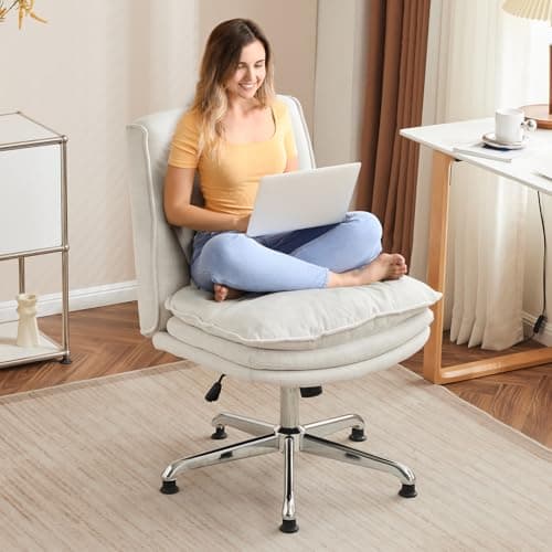 VINGLI Cloud Criss Cross Leggedchair, 18" High Back Armless HomeOffice Deskchair, Wide Adjustable Comfy PaddedSeat Task Computerchair, Modern Swivel Makeup Vanity Chair, Fabric, Beige