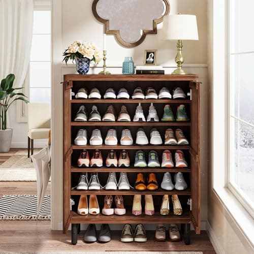 Tribesigns 6-Tier Shoe Cabinet with Shutter Doors, Large Wooden Shoe Organizer Rack with Adjustable Shelves, Modern Farmhouse Hidden Storage Furniture for Entryway, Hallway (Walnut) 5
