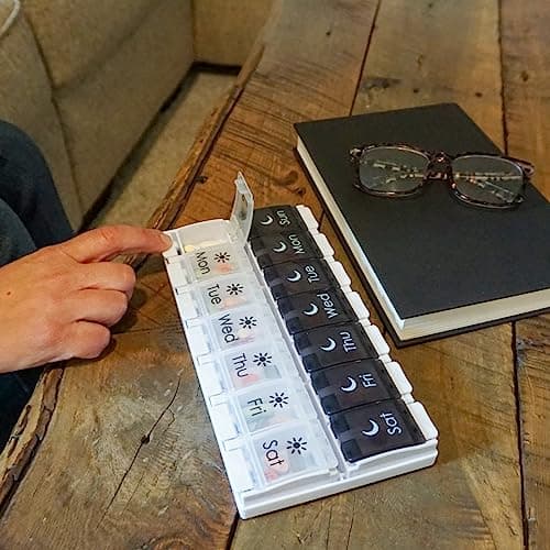 EZY DOSE Push Button (7-Day) Pill Case, Medicine Planner, Vitamin Organizer, 2 Times a Day AM/PM, Removable Trays, Large Compartments, Arthritis Friendly, Spring Open Black and White Lids, BPA Free 9