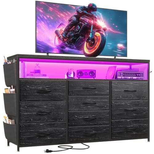 EnHomee Dresser for Bedroom with 10 Drawers for 55" TV Stands with LED Lights & Power Outlets Dressers with Shelves & Side Pockets,Hallway, Charcoal Black