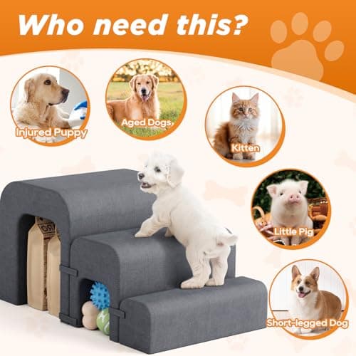 SereneCloud Dog Stairs for Small Dogs(Under 22LB), 3-Step Dog Ramp for Bed, Pet Stairs for Small Medium Dogs and Pets with Storage for Bed Couch Sofa Climbing, Lightweight and Comfort, Grey 6