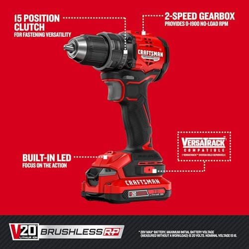 CRAFTSMAN V20 BRUSHLESS RP Compact Drill/Driver, Variable Speeed Trigger, Built In LED, Includes Battery and Charger (CMCD714D1) 4