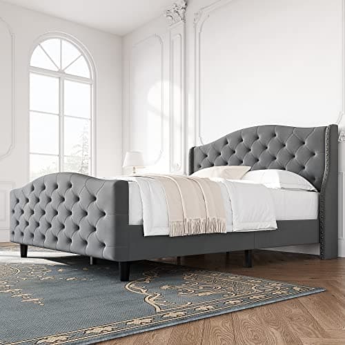 GAOMON Tufted Upholstered Platform Bed Frame with Raised Wing Back Headboard, Mattress Foundation and Wood Slat Support, No Box Spring Needed (Grey, Queen) 7