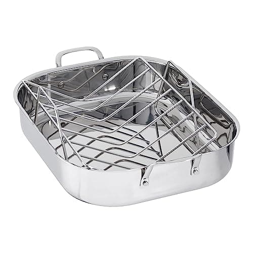 Amazon Basics Stainless Steel Rectangular Roasting Pan with Rack, Turkey Roaster, Dishwasher Safe, Easy to Clean, Oven Safe, 16 in