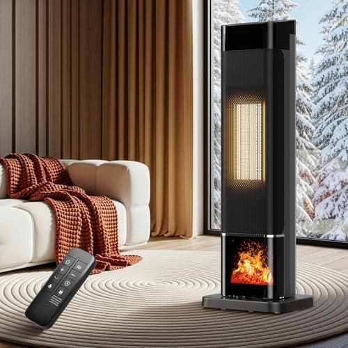 Uthfy Space Heater for indoor use, Large Room Heater with 3D Flame Effect, 1500W Electric Portable Heater with ECO, 90° Oscillating, Remote, PTC Ceramic Heaters for Bedroom, Office, Home