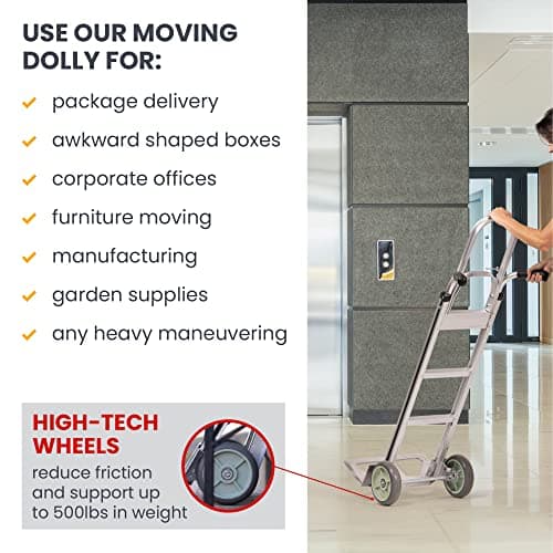 HaulPro Dual Handle Heavy Duty Hand Truck - Lightweight Aluminum 2 Wheel Stair Climbing Dolly Cart-500 Pound Capacity-8" Puncture Resistant Rubber Wheels - 54" H x 18.5" W with 17.5 x 9 Nose Plate 5