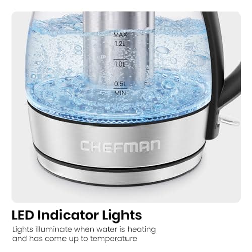 CHEFMAN Electric Kettle - 1.2L 1500W Hot Water Tea Pot with Infuser, BPA Free, Auto Shut Off, Boil-Dry Protection, Removable Lid, LED Light, Cordless Glass Electric Tea Kettle – Stainless Steel 7