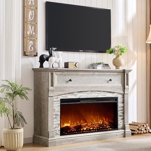 T4TREAM 52" Electric Fireplace with Mantel, Farmhouse Fireplace TV Stand for Up to 65 Inch TV, Wood Entertainment Center with Storage Cubby for Living Room, Light Rustic Oak 5