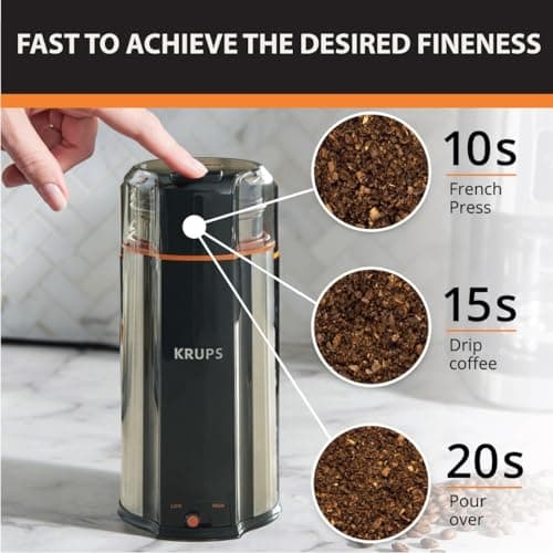 KRUPS: 3oz Coffee Grinder, Ultimate Silent Vortex Plastic and Stainless Steel Grinder with Removable Bowl Mess-Free, 8 Times Quieter, 2 Speeds 240 Watts,Dry Herbs,Dishwasher Safe,12 cups ground Silver 6