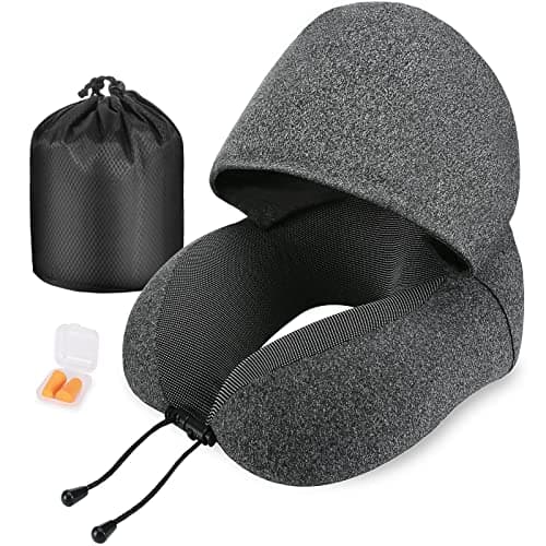 Cirorld Neck Pillow for Travel, Memory Foam Travel Pillow with Hood, Adult Airplane Pillow for Head Rest Neck Support, Portable Pillow for Office Cars Trains Long Flights Sleeping (Deep Grey)