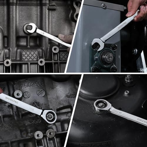 WORKPRO Ratcheting Wrench Set, SAE, 7-piece Ratcheting Combination Wrench Set, 5/16'', 3/8'', 7/16'', 1/2'', 9/16'', 5/8'', 18/16'', 12-Point, CR-V Steel, with Organizer Rack 7