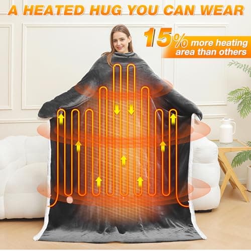 Wearable Heated Blanket with with Foot Pocket, Electric Blanket Wearable with Sleeves, Electric Throw Wrap Poncho Shawl, 8 Heating Levels & 12 Hours Time Settings, Machine Washable, 50 x 70 Inch 6