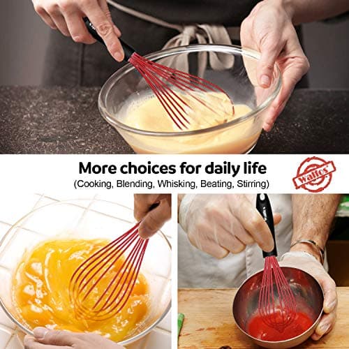 Walfos Whisk,Silicone Whisks- Heat Resistant（480°F） Silicone Whisks for Cooking Non Scratch,BPA free and Dishwasher Safe.Perfect for Blending,Whisking,Beating, Set of 3(Red) 8