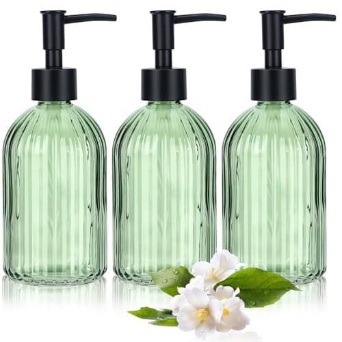 3 Pack Green Glass Soap Dispenser Set with Black Pump, 13.5oz Refillable Liquid Soap Dispenser, Premium Lotion & Dish Soap Bottle for Kitchen, Bathroom Vanity, Hotel Decor