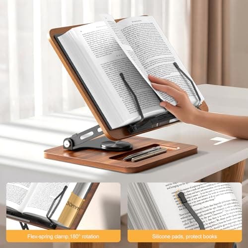 Book Stand for Reading, 360° Rotating Hands Free Book Holder, Adjustable Height and Angle, Page Clip for Cookbook, Recipe, Magazine, Laptop,Tablet, Foldable for Kitchen, Office, School 8