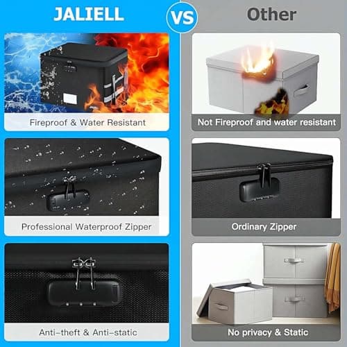 JALIELL File Box with Lock, Fireproof Document Box File Organizer with Zipper & Adjustable Handle, Collapsible File Storage Box for Home Office, Filing Cabinet for Hanging Letter/Legal Folder 5