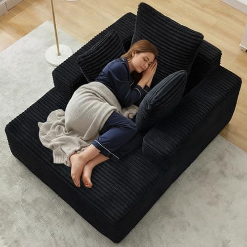 Opiesit 43"W Chaise Lounge Sofa Chair Indoor, Small Boneless Couches for Small Spaces, Fluffy Comfy Cloud Sofa in a Box, Compression Foam Sleeper Sofa for Living Room&Apartment, Plush Corduroy (Black)