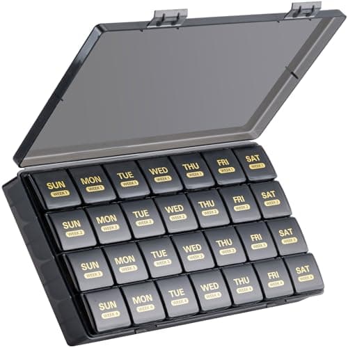 Monthly Pill Organizer, 28 Day Pill Box 1 Time a Day with Dust-Proof Case, Large 4 Weeks a Month Pill Case Container, Daily Vitamin Case Box for Pills/Medicine/Fish Oil/Supplements(Black)