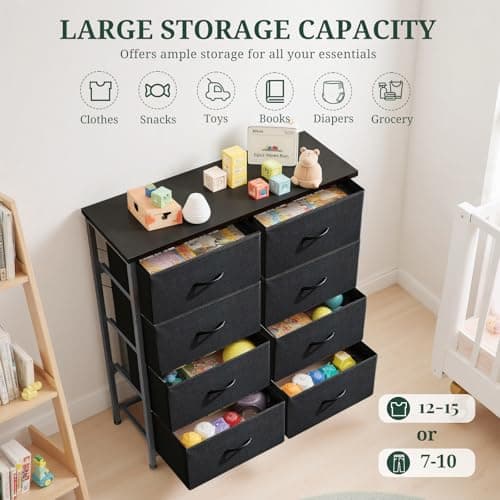 8-Drawer Dresser for Bedroom, Anti-Tip Tall Storage Organizer Chest of Drawers with Wooden Top and Metal Frame Fabric Bins for Closet, Living Room, Hallway, Entryway, Black 5