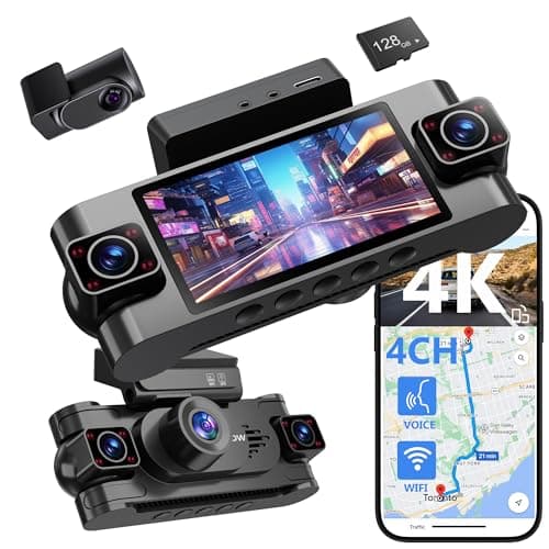 4 Channel Dash Cam 360° View,4K Front Rear Inside Dashcam,Left Right Dash Camera for Cars,Built-in GPS, 5G WiFi,Voice Control,Night Vision, 24/7 Recording Parking Mode Monitor, Free 128G Card