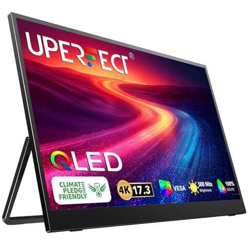 UPERFECT 17.3'' 4K Portable Monitor QLED, 500 Nits 100% DCI-P3 UHD FreeSync HDR 2 Speakers Eye Care Travel Monitor, 2 Fully Functional Type-C Port & HDMI for Laptop PC Phone, VESA & Stand