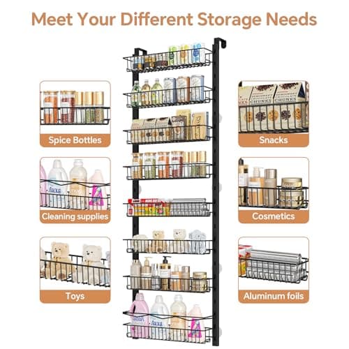 MIAOLI Over the Door Pantry Organizer, 8-Tier Adjustable Spice Rack Cabinet Door Shelves, Hanging Seasoning Organizer for Kitchen Bathroom, Laundry Room Organization, Black 7