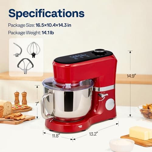 VIVOHOME Stand Mixer with Fermentation, One-Touch Presets Electric Dough Mixer with 6 Qt Bowl, Kitchen Standing Mixer for Baking, Cake with Flex Edge Beater, Bread Hook, Whisk, Red 7