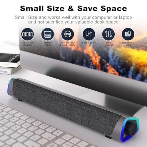 SOULION R30 Computer Speakers, USB Powered PC Speaker, Colorful LED Lights with Switch Button, 3.5mm Aux Surround Soundbar for Desktop Laptop Monitor Office Work Music Gray 7